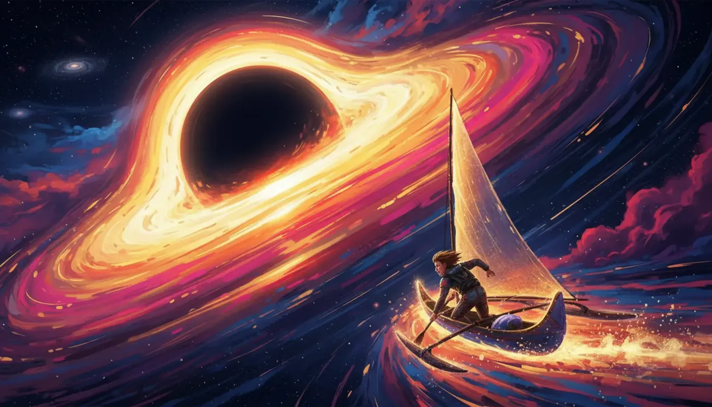 A lone voyaging canoe sailing past the light of a great spiral