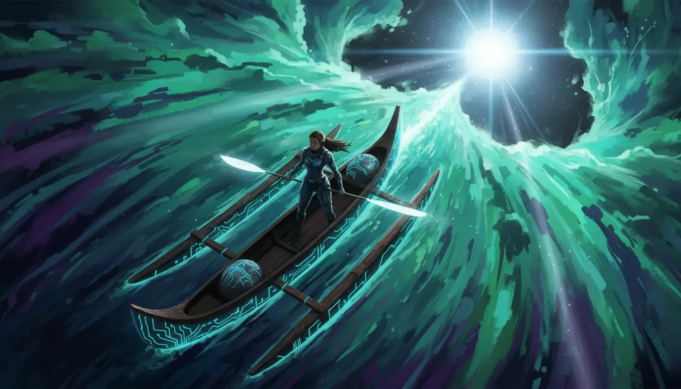 A voyaging canoe riding a great green wave of light toward a distant star