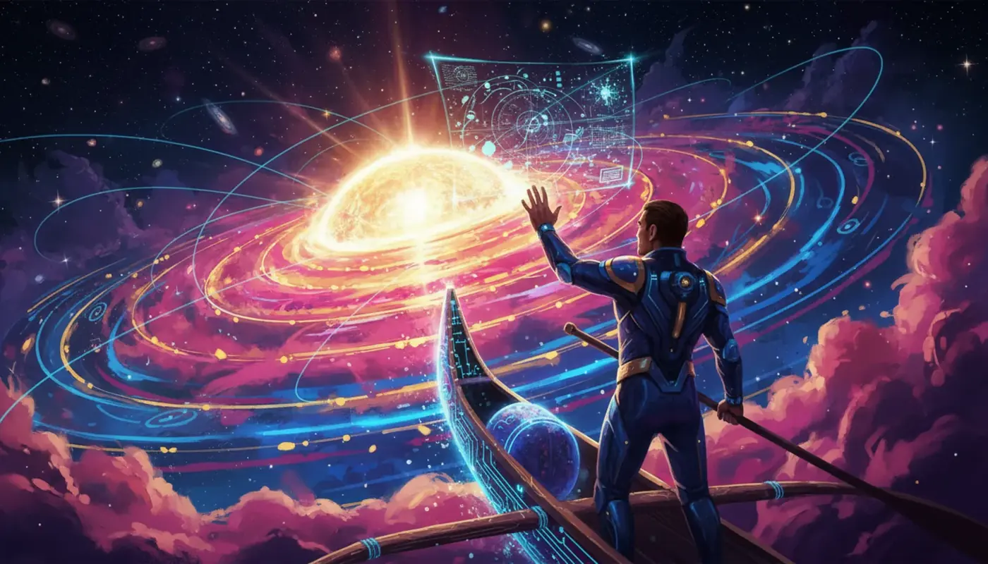 A navigator on a voyaging canoe reaching toward a spiral of light